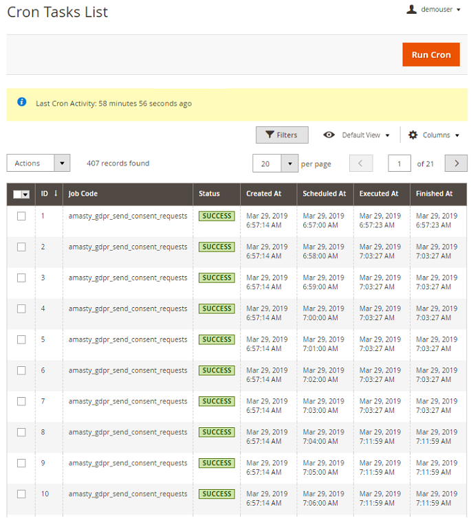 magento 2 gdpr cron tasks list